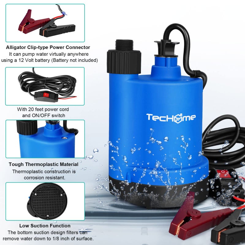 TecHome 12v Pumpï¼Œ1500GPH Water Transfer Pump Sump Pump Submersible Water Pump, With 20 Feet Power Cord. - Image 5